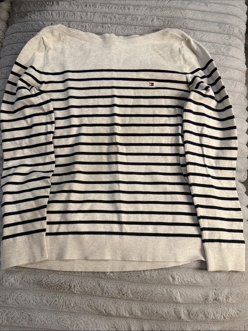 Tommy Hilfiger Cream and Navy Striped Crewneck Sweater